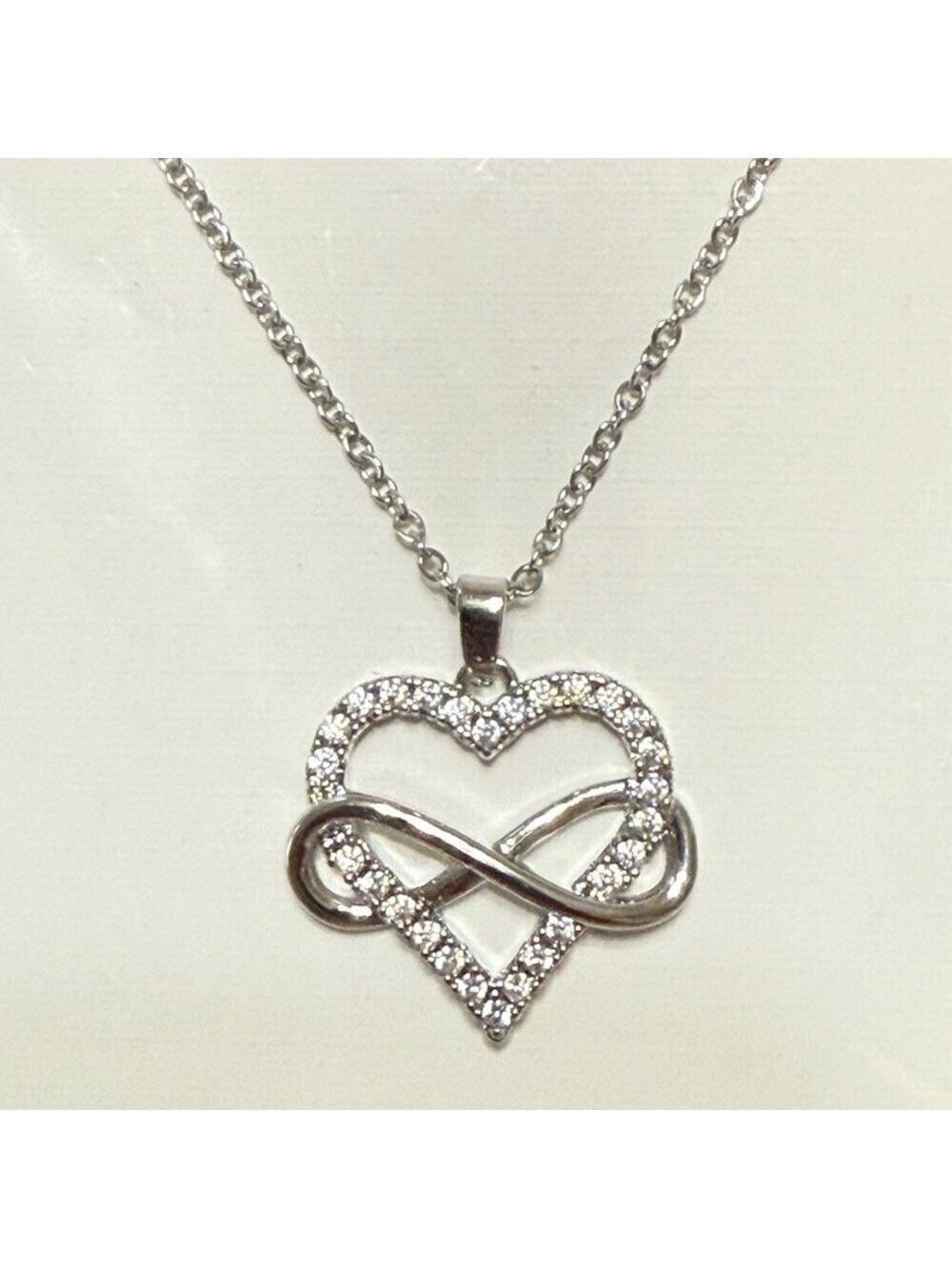 Silver Tone Heart Infinity Necklace With Clear Crystals New